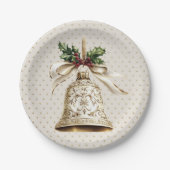 Gouden kerstbel Glanzende sterren Groene bladeren Papieren Bordje (Voorkant)