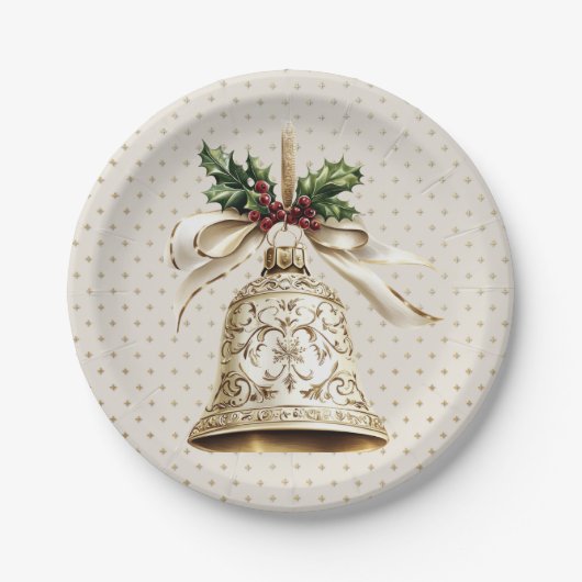 Gouden kerstbel Glanzende sterren Groene bladeren Papieren Bordje (Voorkant)