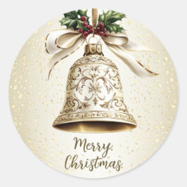 Gouden kerstbel Glanzende sterren Groene bladeren Ronde Sticker