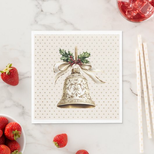 Gouden kerstbel Glanzende sterren Groene bladeren Servet (Insitu)