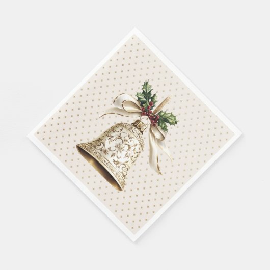 Gouden kerstbel Glanzende sterren Groene bladeren Servet (Hoek)