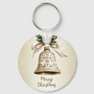 Gouden kerstbel Glanzende sterren Groene bladeren Sleutelhanger