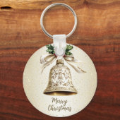 Gouden kerstbel Glanzende sterren Groene bladeren Sleutelhanger (Achterkant)