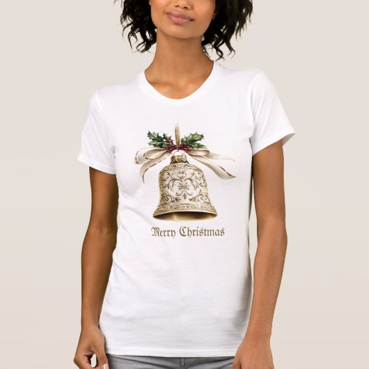 Gouden kerstbel Glanzende sterren Groene bladeren T-shirt (Voorkant)