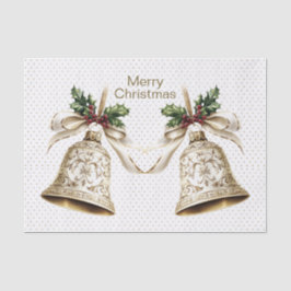 Gouden kerstbel Glanzende sterren Groene bladeren Tissuepapier