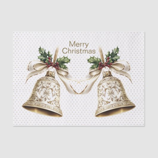 Gouden kerstbel Glanzende sterren Groene bladeren Tissuepapier (Voorkant)