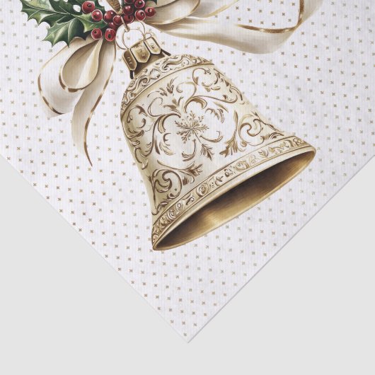 Gouden kerstbel Glanzende sterren Groene bladeren Tissuepapier (Detail)