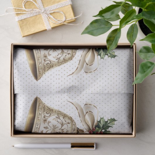 Gouden kerstbel Glanzende sterren Groene bladeren Tissuepapier (Geschenk)