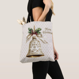 Gouden kerstbel Glanzende sterren Groene bladeren Tote Bag