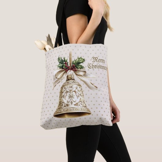 Gouden kerstbel Glanzende sterren Groene bladeren Tote Bag (Dichtbij)