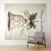 Gouden kerstbel Glanzende sterren Groene bladeren Wandkleed (In Situ (horizontaal))