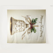 Gouden kerstbel Glanzende sterren Groene bladeren Wandkleed (Voorkant (horizontaal))