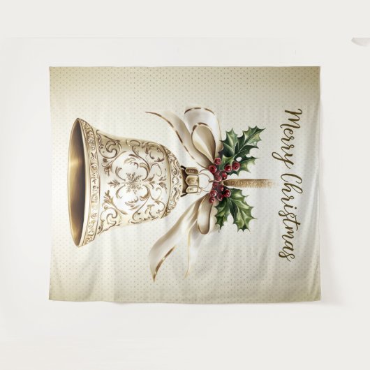 Gouden kerstbel Glanzende sterren Groene bladeren Wandkleed (Voorkant (horizontaal))