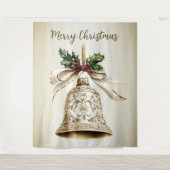 Gouden kerstbel Glanzende sterren Groene bladeren Wandkleed (Voorkant)