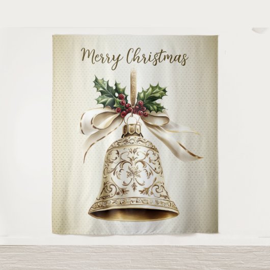 Gouden kerstbel Glanzende sterren Groene bladeren Wandkleed (Voorkant)