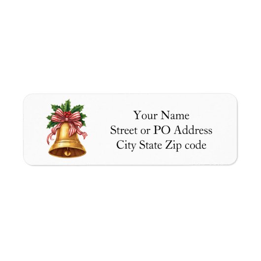 Gouden Kerstbel Hulst en Gestreepte Strik Etiket (Voorkant)