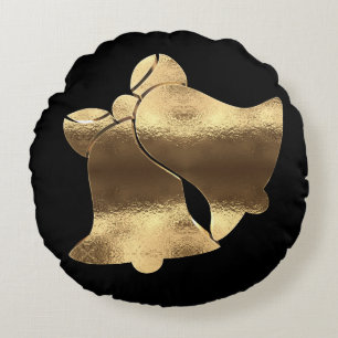 Gouden Kerstbellen Elegant Zwart en Goud Rond Kussen