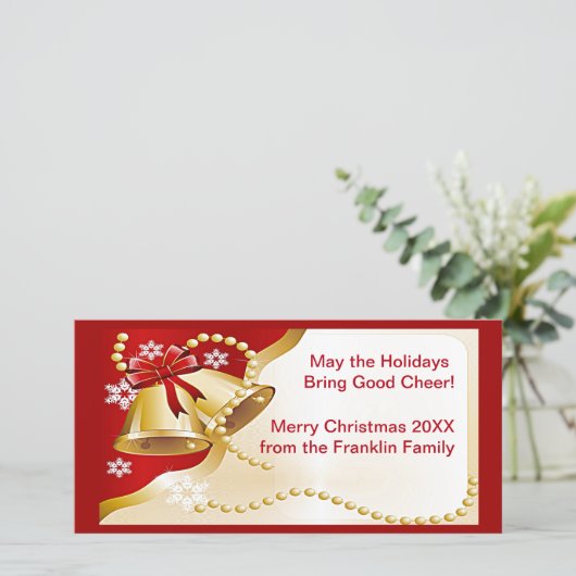 Gouden Kerstbellen, Kralen en Sneeuwvlokken Fotoka Feestdagenkaart (Staand voorkant)
