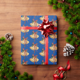 Gouden Kerstbellen op Blauw Cadeaupapier