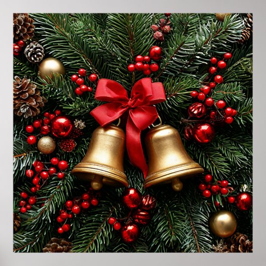 Gouden Kerstbellen op Groene Decoraties (Voorkant)