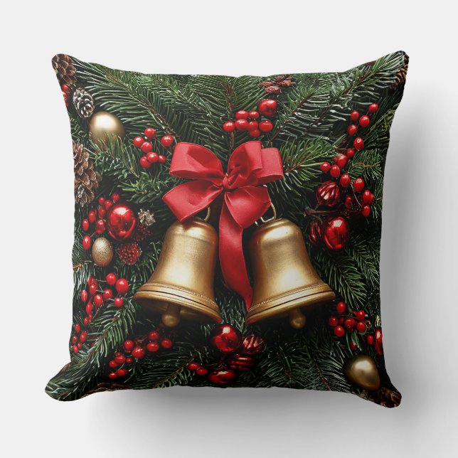 Gouden Kerstbellen op Groene Decoraties Kussen (Voorkant)