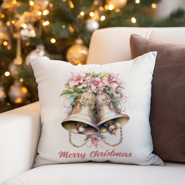 Gouden Kerstbellen Roze Bloemen Kussen ("Merry Christmas" bells and pink flowers decorator pillow)