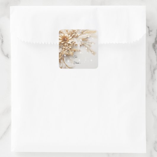 Gouden kerstbloemen en bessen Sparkle Vierkante Sticker (Tas)