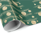 Gouden kerstbomen beladen met groene Ornamenten Cadeaupapier (Rol Hoek)