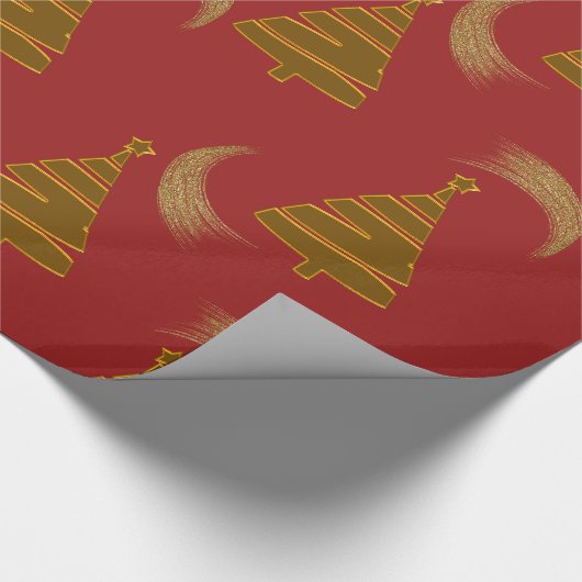 Gouden kerstbomen en wervelingen rood cadeaupapier (Hoek)