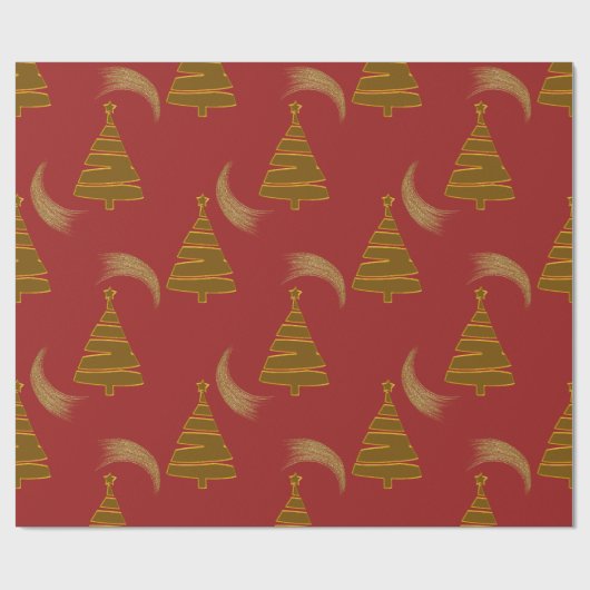 Gouden kerstbomen en wervelingen rood cadeaupapier (Vlak)