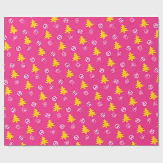 Gouden kerstbomen en witte sneeuwvlokken, Fuchsia Cadeaupapier (Vlak)