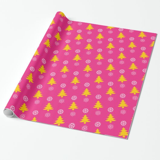Gouden kerstbomen en witte sneeuwvlokken, Fuchsia Cadeaupapier (Uitgerold)