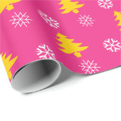 Gouden kerstbomen en witte sneeuwvlokken, Fuchsia Cadeaupapier (Rol Hoek)