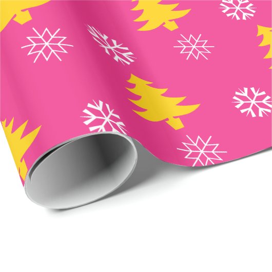 Gouden kerstbomen en witte sneeuwvlokken, Fuchsia Cadeaupapier (Rol Hoek)