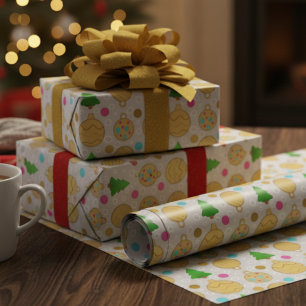 Gouden kerstbomen & handgetekende versieringen cadeaupapier