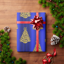 Gouden kerstbomen op blauw cadeaupapier