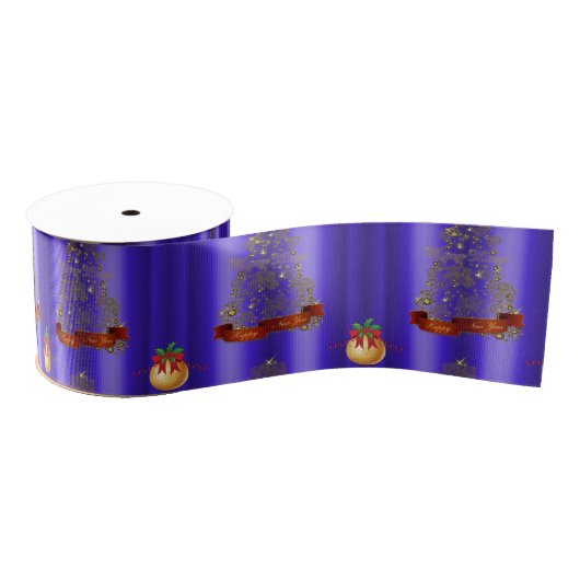 Gouden kerstbomen op blauw grosgrain lint (Spoel)