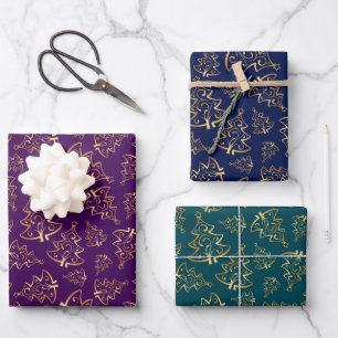 Gouden kerstbomen op paars, marineblauw, turquoise inpakpapier vel