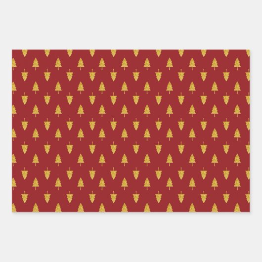 Gouden kerstbomen op rode achtergrond inpakpapier vel (Voorkant)