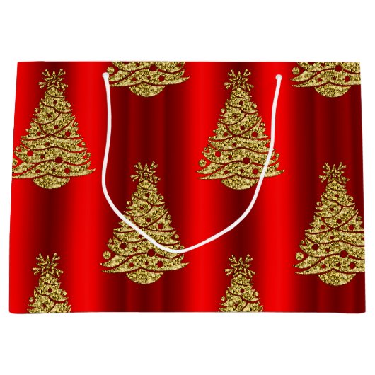 Gouden kerstbomen op rood groot cadeauzakje (Voorkant)