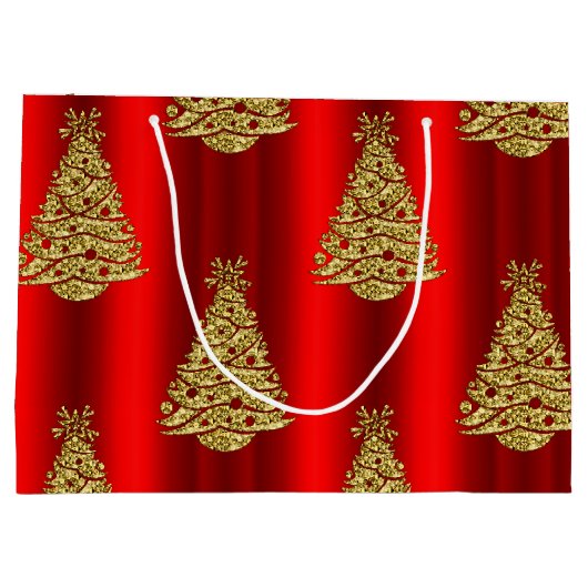 Gouden kerstbomen op rood groot cadeauzakje (Achterkant)