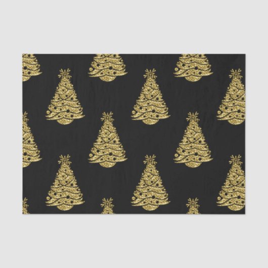 Gouden kerstbomen op zwarte kerst tissuepapier (Voorkant)
