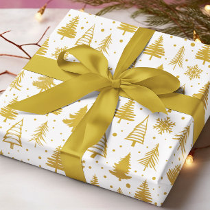 Gouden Kerstbomen Sneeuwvlokken Witte Patroon Cadeaupapier