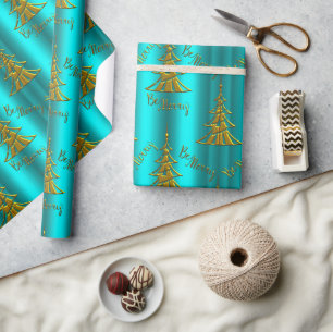 Gouden kerstbomen zijn Vrolijke Aqua Kerstmis Cadeaupapier