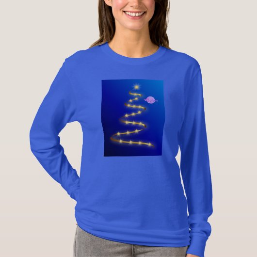 Gouden Kerstboom Blauw Lange Mouwen Shirt (Voorkant)
