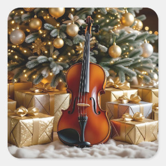 Gouden Kerstboom, Cadeaus en Viool Vierkante Sticker