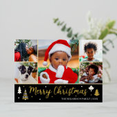 Gouden Kerstboom Custom Photo Black Luxury Folie Feestdagenkaart (Staand Voorkant)