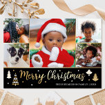 Gouden Kerstboom Custom Photo Black Luxury Folie Feestdagenkaart<br><div class="desc">Verspreid de feestvreugde met luxe gouden folie kerstkaarten! Zes gepersonaliseerde foto's samen met uw familienaam en een begroeting op de achterkant. Dit aangepaste ontwerp is voorzien van decoratieve bomen en sterren, met de woorden 'Merry Christmas' in feestelijke scriptbelettering. Perfect voor foto's van kinder, familie, vrienden en huisdieren. Kleuren: zwart, wit...</div>