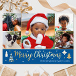 Gouden Kerstboom Custom Photo Blue Luxury Folie Feestdagenkaart<br><div class="desc">Verspreid de feestvreugde met luxe gouden folie kerstkaarten! Zes gepersonaliseerde foto's samen met uw familienaam en een begroeting op de achterkant. Dit aangepaste ontwerp is voorzien van decoratieve bomen en sterren, met de woorden 'Merry Christmas' in feestelijke scriptbelettering. Perfect voor foto's van kinder, familie, vrienden en huisdieren. Kleuren: blauw, wit...</div>