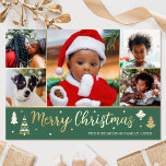 Gouden Kerstboom Custom Photo Forest Green Folie Feestdagenkaart<br><div class="desc">Verspreid de feestvreugde met luxe gouden folie kerstkaarten! Zes gepersonaliseerde foto's samen met uw familienaam en een begroeting op de achterkant. Dit aangepaste ontwerp is voorzien van decoratieve bomen en sterren, met de woorden 'Merry Christmas' in feestelijke scriptbelettering. Perfect voor foto's van kinder, familie, vrienden en huisdieren. Kleuren: bosgroen, wit...</div>